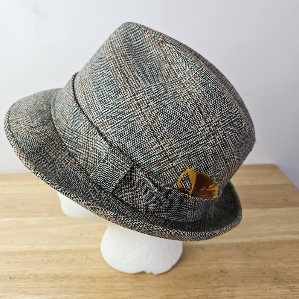 DOBBS‎ Mens Fedora Hat Tweed Check With Feather 9" x 7" Vintage Beige Gray